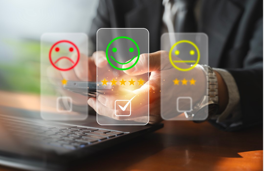 Customer feedback and review response ratings on a laptop