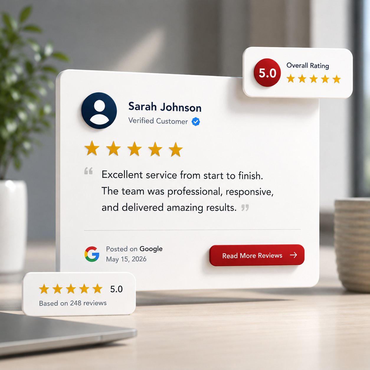 Five-star Google review from a verified customer, with an overall 5.0 rating based on 248 reviews