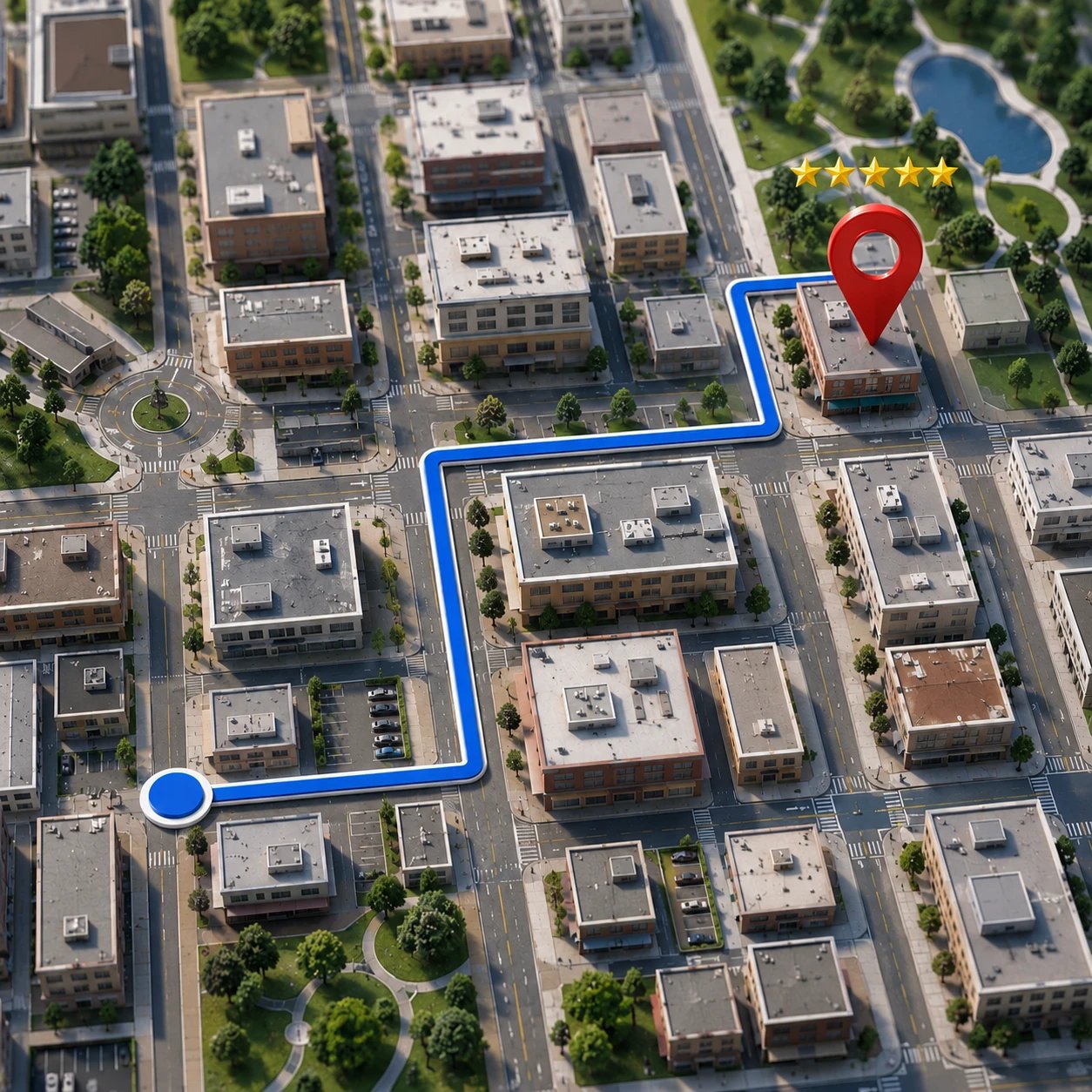 Map route leading to a five-star rated local business