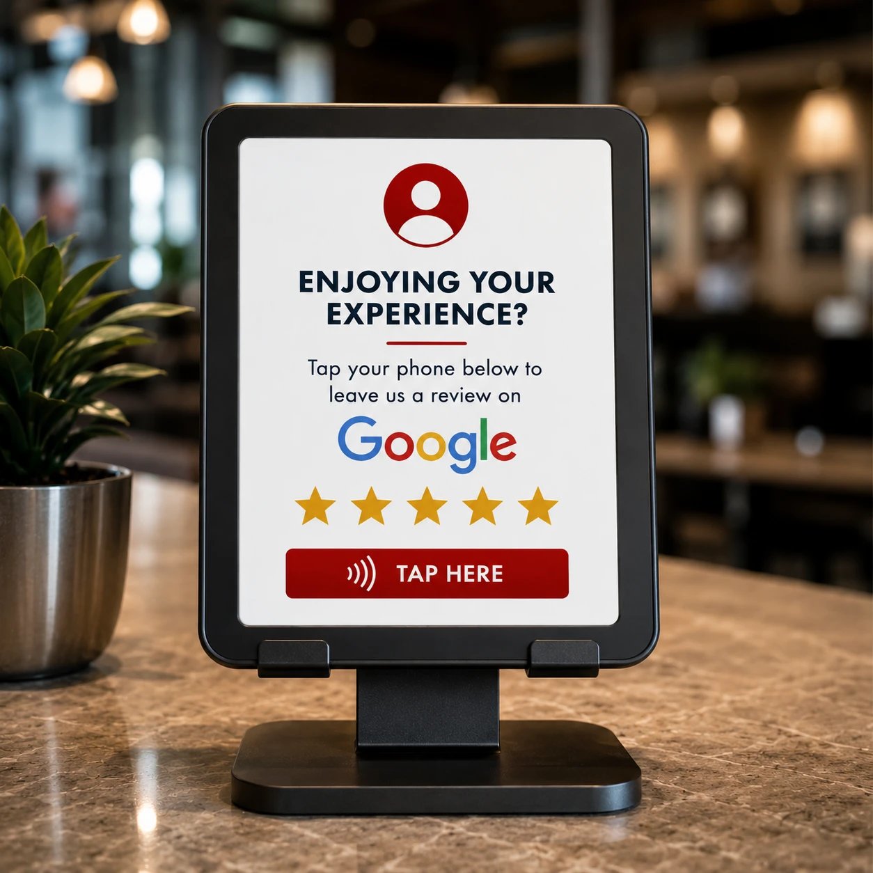 Review stand tablet inviting guests to leave a Google review