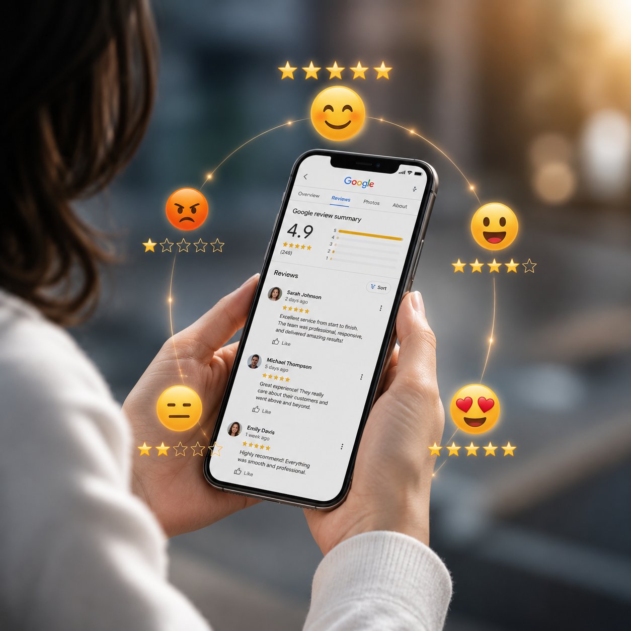 Customer checking a business's 4.9-star Google reviews on a phone