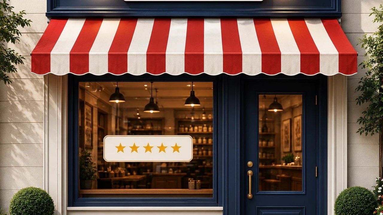 Local business storefront with a five-star rating in the window